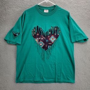 Vintage T Shirt Heart Fringe Southern Print Size XL Sunbelt Made In USA Green